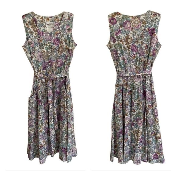 Vintage New Looks Granny floral wide strap belted sundress womens*16 Modest Boho - Picture 2 of 14